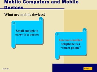 Mobile Computers and Mobile
  Devices
  What are mobile devices?



             Small enough to
              Small enough to
             carry in a pocket
              carry in a pocket
                                  Internet-enabled
                                   Internet-enabled
                                    telephone is a
                                     telephone is a
                                   “smart phone”
                                    “smart phone”




p. 21 - 22                                            Next
 