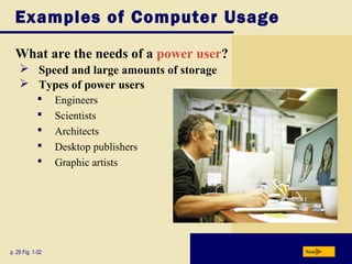 Examples of Computer Usage

  What are the needs of a power user?
     Speed and large amounts of storage
     Types of power users
                 Engineers
                 Scientists
                 Architects
                 Desktop publishers
                 Graphic artists




p. 29 Fig. 1-32                            Next
 