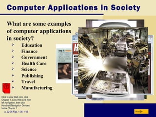 Computer Applications in Society

     What are some examples
     of computer applications
     in society?
                   Education
                   Finance
                   Government
                   Health Care
                   Science
                   Publishing
                   Travel
                   Manufacturing
Click to view Web Link, click
Chapter 1, Click Web Link from
left navigation, then click
Handheld Navigation Devices
below Chapter 1
    p. 32-36 Figs. 1-36–1-43        Next
 