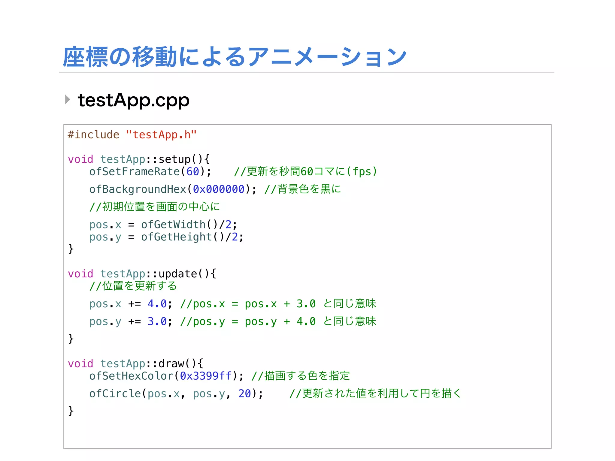‣

#include "testApp.h"

void testApp::setup(){
! ofSetFrameRate(60);!    //         60   (fps)
!   ofBackgroundHex(0x000000); //
!   //
!   pos.x = ofGetWidth()/2;
!   pos.y = ofGetHeight()/2;
}

void testApp::update(){
! //
!   pos.x += 4.0; //pos.x = pos.x + 3.0
!   pos.y += 3.0; //pos.y = pos.y + 4.0
}

void testApp::draw(){
! ofSetHexColor(0x3399ff); //
!   ofCircle(pos.x, pos.y, 20);!    //
}
 