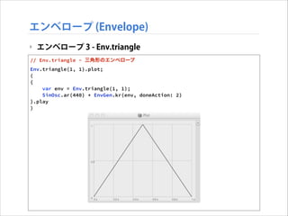 エンベロープ (Envelope)
‣ エンベロープ 3 - Env.triangle
// Env.triangle - 三角形のエンベロープ
Env.triangle(1, 1).plot;
(
{
var env = Env.triangle(1, 1);
SinOsc.ar(440) * EnvGen.kr(env, doneAction: 2)
}.play
)

 
