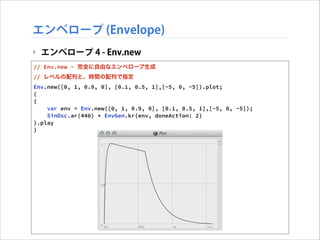 エンベロープ (Envelope)
‣ エンベロープ 4 - Env.new
// Env.new - 完全に自由なエンベロープ生成
// レベルの配列と、時間の配列で指定
Env.new([0, 1, 0.9, 0], [0.1, 0.5, 1],[-5, 0, -5]).plot;
(
{
var env = Env.new([0, 1, 0.9, 0], [0.1, 0.5, 1],[-5, 0, -5]);
SinOsc.ar(440) * EnvGen.kr(env, doneAction: 2)
}.play
)

 