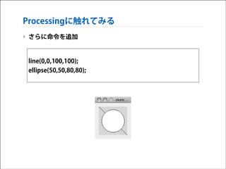 Processingに触れてみる
‣ さらに命令を追加

line(0,0,100,100);
ellipse(50,50,80,80);

 