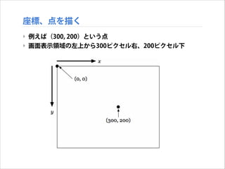 座標、点を描く
‣ 例えば（300, 200）という点
‣ 画面表示領域の左上から300ピクセル右、200ピクセル下

 