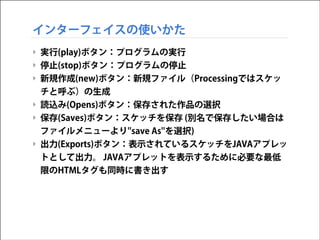 インターフェイスの使いかた
‣ 実行(play)ボタン：プログラムの実行
‣ 停止(stop)ボタン：プログラムの停止
‣ 新規作成(new)ボタン：新規ファイル（Processingではスケッ
チと呼ぶ）の生成
‣ 読込み(Opens)ボタン：保存された作品の選択
‣ 保存(Saves)ボタン：スケッチを保存 (別名で保存したい場合は
ファイルメニューより''save As''を選択)
‣ 出力(Exports)ボタン：表示されているスケッチをJAVAアプレッ
トとして出力。 JAVAアプレットを表示するために必要な最低
限のHTMLタグも同時に書き出す

 