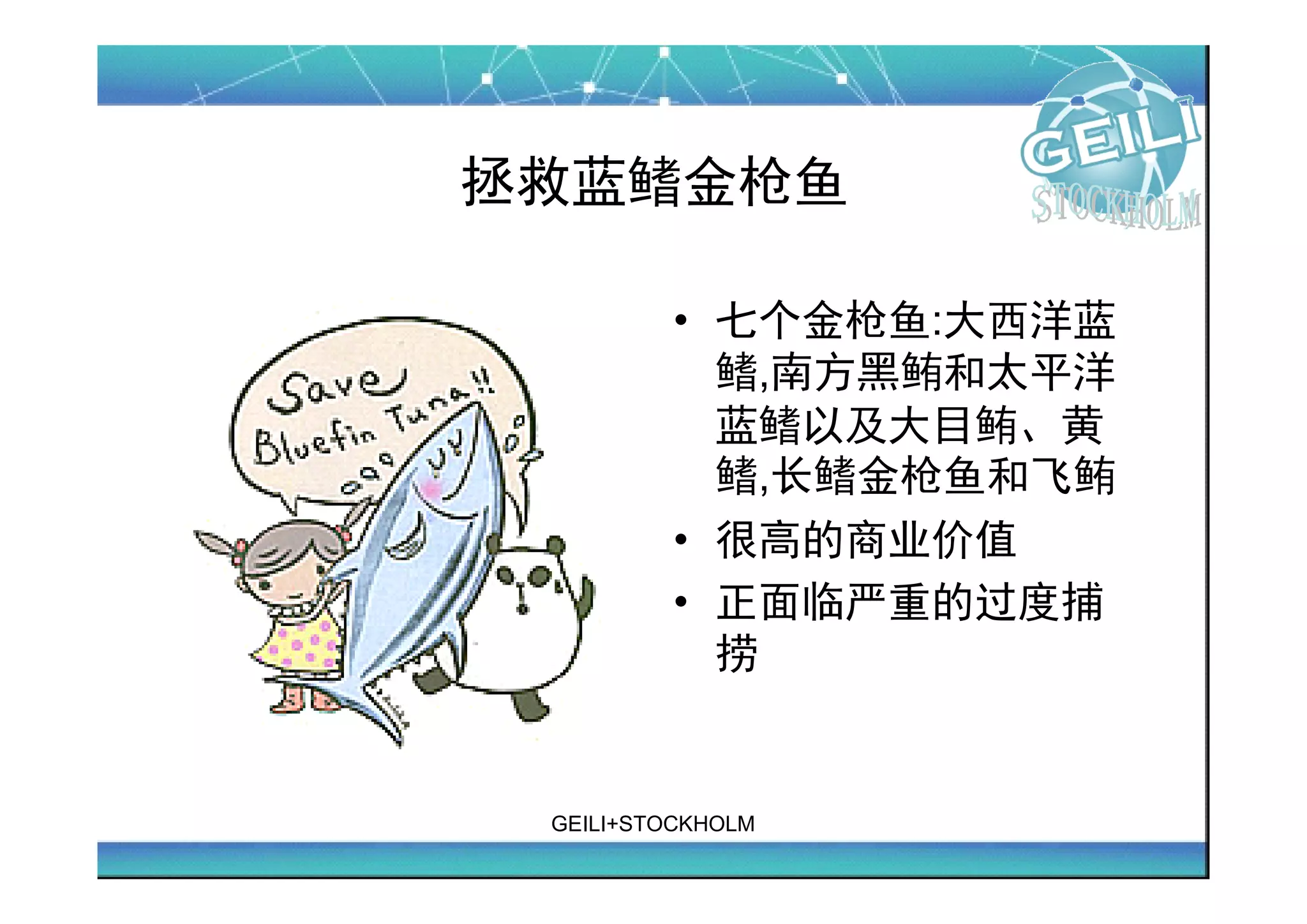 拯救蓝鳍金枪鱼

         • 七个金枪鱼:大西洋蓝
           鳍,南方黑鲔和太平洋
           蓝鳍以及大目鲔、黄
           鳍,长鳍金枪鱼和飞鲔
         • 很高的商业价值
         • 正面临严重的过度捕
           捞


 GEILI+STOCKHOLM
 
