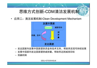 ˼άʽ-CDM෢չ
? Ӧö෢չ-Clean Development Mechanism




  C չйṩʽͼ֧֣ʵֿɳչ
  C չй򷢴ṩﵽĿ
  C ˫Ӯ

                GEILI+STOCKHOLM
 