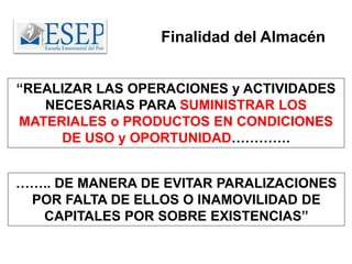 Finalidad del Almacén
…….. DE MANERA DE EVITAR PARALIZACIONES
POR FALTA DE ELLOS O INAMOVILIDAD DE
CAPITALES POR SOBRE EXISTENCIAS”
“REALIZAR LAS OPERACIONES y ACTIVIDADES
NECESARIAS PARA SUMINISTRAR LOS
MATERIALES o PRODUCTOS EN CONDICIONES
DE USO y OPORTUNIDAD………….
 