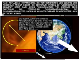 FIXSIONREAKTION PRO ATOM == ~ 200 MeV ==> ~ 190 MeV Energie ==> ALS ZU
KONZENTRATION EINGERICHTET WERDEN :
100 Millionen Kelvin ALS ABWAERMUNG
==> FUSIONREAKTIONBEGINNSWERTE
==> BEGONNENE FUSIONREAKTION
17,59 MeV Energie pro Deuterium + Trizium
NACH AKTLUELLE HAUPTTHEORIE, DIE VON DEMOKRITOS VON OLIMPUS UND
AKROPOLIS ATHENA KOMMT, DIE DEUTERIUM WERDEN ZU FUSIONREAKTION
BENUETZT DAMIT NACH EINER FIXSIONREAKTION VON URANIUM ODER
PLUTONIUM ALS TERMISCHER FUSIONREAKTIONBEGINN, DIE
FUSIONREAKTIONKETTE, SAGEN SIE ALS BEGRENZBARE REAKTIONKETTE, SICH
ENTWICKELN KANN.
Schwere des
Erdfussboden ungefaehr
2.1 ton /m3
10.5 ton m
Damit ein einzige
Deuterium + Trizium
FUSIONREAKTION
gehalten werden kann
man braucht nach 2m
dicke Stahlbetonwand
zusaetzelich 1.6 m
Erdfussboden
1000 Deuterium+Trizium FUSIONREAKTION
1600 m
HE
ATOM-Radius von He, ist
groesser als Deuterium,
He_r = 0.000000000128 m
Cern Radius
27 Km
FUSIONATOMKRAFT
26 m
1 : 1000
WIE WIRD SEIN ALS DIE FUSIONATOMKRAFT NICHT eine
einzige FUSIONREAKTION halten wird ?
?
Erde
1:30'000
1:30'000
1:30'000
DIE BESCHLEUNIGUNG WIRD die
Atmosphere herum der erde, KRAEFTIG
BESEITIGEN, IN weniger sekunden wird
Erde OHNE Wasser BLEIBEN und jede
Lebendiges existieren WIRD SICH IN
Stein WECHSELN …...
 