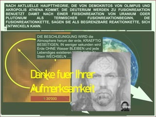 FIXSIONREAKTION PRO ATOM == ~ 200 MeV ==> ~ 190 MeV Energie ==> ALS ZU
KONZENTRATION EINGERICHTET WERDEN :
100 Millionen Kelvin ALS ABWAERMUNG
==> FUSIONREAKTIONBEGINNSWERTE
==> BEGONNENE FUSIONREAKTION
17,59 MeV Energie pro Deuterium + Trizium
NACH AKTLUELLE HAUPTTHEORIE, DIE VON DEMOKRITOS VON OLIMPUS UND
AKROPOLIS ATHENA KOMMT, DIE DEUTERIUM WERDEN ZU FUSIONREAKTION
BENUETZT DAMIT NACH EINER FIXSIONREAKTION VON URANIUM ODER
PLUTONIUM ALS TERMISCHER FUSIONREAKTIONBEGINN, DIE
FUSIONREAKTIONKETTE, SAGEN SIE ALS BEGRENZBARE REAKTIONKETTE, SICH
ENTWICKELN KANN.
Schwere des
Erdfussboden ungefaehr
2.1 ton /m3
10.5 ton m
Damit ein einzige
Deuterium + Trizium
FUSIONREAKTION
gehalten werden kann
man braucht nach 2m
dicke Stahlbetonwand
zusaetzelich 1.6 m
Erdfussboden
1000 Deuterium+Trizium FUSIONREAKTION
1600 m
HE
ATOM-Radius von He, ist
groesser als Deuterium,
He_r = 0.000000000128 m
Cern Radius
27 Km
FUSIONATOMKRAFT
26 m
1 : 1000
WIE WIRD SEIN ALS DIE FUSIONATOMKRAFT NICHT eine
einzige FUSIONREAKTION halten wird ?
?
Erde
1:30'000
1:30'000
1:30'000
DIE BESCHLEUNIGUNG WIRD die
Atmosphere herum der erde, KRAEFTIG
BESEITIGEN, IN weniger sekunden wird
Erde OHNE Wasser BLEIBEN und jede
Lebendiges existieren WIRD SICH IN
Stein WECHSELN …...
D
ankefuerIhrer
A
ufm
erksam
keit
 