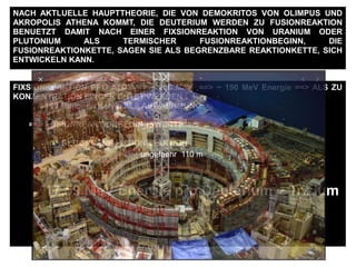 FIXSIONREAKTION PRO ATOM == ~ 200 MeV ==> ~ 190 MeV Energie ==> ALS ZU
KONZENTRATION EINGERICHTET WERDEN :
100 Millionen Kelvin ALS ABWAERMUNG
==> FUSIONREAKTIONBEGINNSWERTE
==> BEGONNENE FUSIONREAKTION
17,59 MeV Energie pro Deuterium + Trizium
NACH AKTLUELLE HAUPTTHEORIE, DIE VON DEMOKRITOS VON OLIMPUS UND
AKROPOLIS ATHENA KOMMT, DIE DEUTERIUM WERDEN ZU FUSIONREAKTION
BENUETZT DAMIT NACH EINER FIXSIONREAKTION VON URANIUM ODER
PLUTONIUM ALS TERMISCHER FUSIONREAKTIONBEGINN, DIE
FUSIONREAKTIONKETTE, SAGEN SIE ALS BEGRENZBARE REAKTIONKETTE, SICH
ENTWICKELN KANN.
ungefaehr 110 m
 