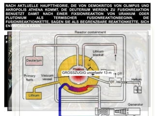 FIXSIONREAKTION PRO ATOM == ~ 200 MeV ==> ~ 190 MeV Energie ==> ALS ZU
KONZENTRATION EINGERICHTET WERDEN :
100 Millionen Kelvin ALS ABWAERMUNG
==> FUSIONREAKTIONBEGINNSWERTE
==> BEGONNENE FUSIONREAKTION
17,59 MeV Energie pro Deuterium + Trizium
NACH AKTLUELLE HAUPTTHEORIE, DIE VON DEMOKRITOS VON OLIMPUS UND
AKROPOLIS ATHENA KOMMT, DIE DEUTERIUM WERDEN ZU FUSIONREAKTION
BENUETZT DAMIT NACH EINER FIXSIONREAKTION VON URANIUM ODER
PLUTONIUM ALS TERMISCHER FUSIONREAKTIONBEGINN, DIE
FUSIONREAKTIONKETTE, SAGEN SIE ALS BEGRENZBARE REAKTIONKETTE, SICH
ENTWICKELN KANN.
GROSSZUGIG ungefaehr 36 m
GROSSZUGIG ungefaehr 16 m
GROSSZUGIG ungefaehr 26 m
GROSSZUGIG ungefaehr 13 m
 