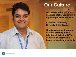 GE invests in People and
develops global Leaders in a
high-integrity environment
Culture of promoting
Diversity & Meritocracy
Great environment to grow
careers, creating a local
talent pool, bringing GE‟s
celebrated Crotonville‟s
leadership trainings to India
Our Culture
14
 
