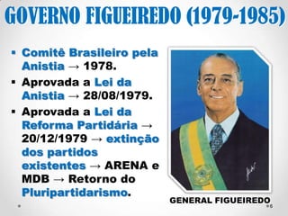 6 
GOVERNO FIGUEIREDO 
(1979-1985) 
Comitê Brasileiro pela 
Anistia → 1978. 
Aprovada a Lei da 
Anistia → 28/08/1979. 
Aprovada a Lei da 
Reforma Partidária → 
20/12/1979 → extinção 
dos partidos 
existentes → ARENA e 
MDB → Retorno do 
Pluripartidarismo. 
GENERAL FIGUEIREDO 
 