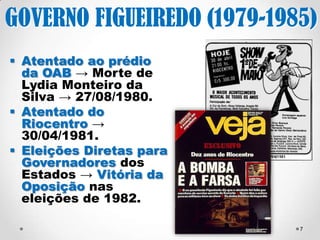 7 
GOVERNO FIGUEIREDO 
Atentado ao prédio da 
OAB → Morte de Lydia 
Monteiro da Silva → 
27/08/1980. 
Atentado do 
Riocentro → 
30/04/1981. 
Eleições Diretas para 
Governadores dos 
Estados → Vitória da 
Oposição nas eleições 
de 1982. 
(1979-1985) 
 