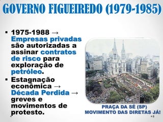 8 
GOVERNO FIGUEIREDO 
(1979-1985) 
1975-1988 → 
Empresas privadas 
são autorizadas a 
assinar contratos de 
risco para 
exploração de 
petróleo. 
Estagnação 
econômica → 
Década Perdida → 
greves e 
movimentos de 
protesto. 
PRAÇA DA SÉ (SP) 
MOVIMENTO DAS DIRETAS JÁ! 
 