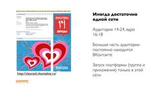 Иногда достаточно
                                 одной сети

                                 Аудитория 14-24, ядро
                                 16-18

                                 Большая часть аудитории
                                 постоянно находится
                                 ВКонтакте

                                 Запуск платформы (группа и
                                 приложения) только в этой
http://clearasil.vkontakte.ru/   сети
 