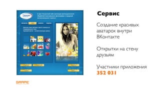 Сервис
Создание красивых
аватарок внутри
ВКонтакте

Открытки на стену
друзьям

Участники приложения
352 031
 
