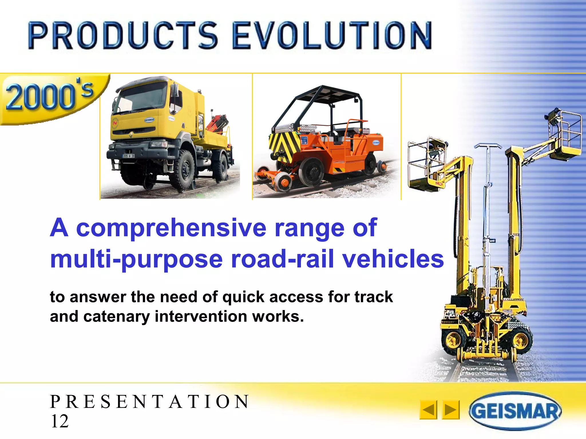 P R E S E N T A T I O N
12
A comprehensive range of
multi-purpose road-rail vehicles
to answer the need of quick access for track
and catenary intervention works.
 