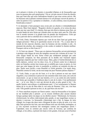 est à présent si étroite et le chemin si encombré d'épines et de broussailles que
nous ne passons plus qu'à grand-peine ! On ne voit pas encore le bout du chemin,
bien que l'ami dise que nous l'atteindrons bientôt et que nous serons arrivés. Oh,
les buissons sont à présent vraiment denses et le sol presque couvert de pierres, et
entre les pierres il n'y a qu'épines et chardons ; si cela continue, nous ne pourrons
bientôt plus avancer !
9. Je demande à l'ami pourquoi nous avons pris un chemin si irrémédiablement
mauvais. Mais l'ami répond : "Regarde à droite et à gauche, et tu verras des deux
côtés une mer sans fond ! Ce chemin, bien que très étroit et épineux pour finir, est
la seule bande de terre ferme qui s'étende entre ces deux mers sans fin. Elle relie
tout le monde terrestre à la grande terre du paradis des bienheureux. Celui qui
veut y parvenir doit se satisfaire de ce chemin, car c'est le seul !"
10. Voilà, Zinka, l'étonnante réponse que vient de me faire l'ami qui guide mon
indigne personne ! Mais je le questionne encore et lui dis : "Il y a aussi dans le
monde de très mauvais chemins, mais les hommes ont des remèdes à cela ; ils
prennent des pioches, des crampons et des cordes et rendent le chemin meilleur.
Pourquoi cela ne se fait-il pas ici ?"
11. Et l'ami me répond : "Parce que ces épaisses broussailles servent précisément
à protéger cette langue de terre des tempêtes souvent très violentes de la mer ! Si
cette unique bande de terre ferme n'était pas solidement protégée par cette
broussaille compacte, les flots puissants de la double mer l'auraient depuis
longtemps emportée par leur violent ressac. Mais, grâce à l'enchevêtrement de ce
taillis épineux, surtout vers les deux rives, ils se brisent contre lui et déposent
entre ses branches serrées leur écume qui se solidifie peu à peu en pierre, et c'est
ainsi que cette langue de terre si essentielle se renforce au contraire de plus en
plus. Sache aussi qu'elle a nom Humilité et Vérité première. Car toutes deux,
l'humilité comme la vérité, ont de tout temps été pour l'homme pleines d'épines !"
12. Voilà, Zinka, ce que m'a dit l'ami, et il se fait à présent en moi une clarté
singulière, et je commence à percevoir une sensation dans mon cœur, une sorte de
mouvement ; ce qui se meut est une lumière, et il y a au centre de cette lumière
une forme qui ressemble à l'embryon dans le sein de la mère. C'est parfaitement
net — je le vois. Mais le voici qui devient de plus en plus grand et fort ! Ah,
quelle lumière merveilleuse et parfaitement pure ! C'est certainement la flamme
même de la vie née de Dieu dans le vrai cœur de l'homme ! Oui, oui, c'est bien
cela ! Elle grandit à présent en moi, et, ah, quel bien cela me fait !
13. Nous marchons toujours sur l'étroit sentier ; mais les broussailles et les épines
ne me troublent plus à présent ; je ne ressens d'ailleurs plus aucune douleur
lorsque quelque épine me pique ou me déchire encore ! Maintenant, les buissons
s'éclaircissent, les arbres redeviennent plus grands, et une magnifique avenue se
dessine à nouveau. La broussaille s'interrompt tout à fait, la langue de terre
s'élargit, les rivages des deux mers s'éloignent de plus en plus de nous, et je vois
déjà, bien qu'encore très loin, une merveilleuse terre aux très belles montagnes, et
je vois rayonner au-dessus des montagnes comme une magnifique aurore !
Cependant, nous ne sommes pas encore sortis de l'avenue, qui continue de
s'élargir, et les arbres, à présent très hauts et très grands, n'ont pas cessé d'incliner

                                                                                  87
 