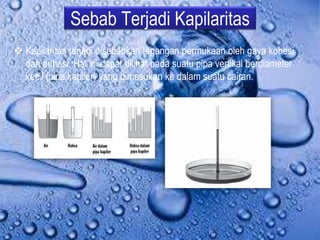 Sebab Terjadi Kapilaritas
 Kapilaritas terjadi disebabkan tegangan permukaan oleh gaya kohesi
dan adhesi. Hal ini dapat dilihat pada suatu pipa vertikal berdiameter
kecil (pipa kapiler) yang dimasukan ke dalam suatu cairan.
 