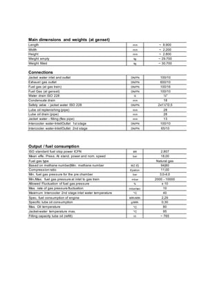 Main dimensions and weights (at genset)
Length mm ~ 8.900
Width mm ~ 2.200
Height mm ~ 2.800
Weight empty kg ~ 29.700
Weight filled kg ~ 30.700
Connections
Jacket water inlet and outlet DN/PN 100/10
Exhaust gas outlet DN/PN 600/10
Fuel gas (at gas train) DN/PN 100/16
Fuel Gas (at genset) DN/PN 100/10
Water drain ISO 228 G ½''
Condensate drain mm 18
Safety valve - jacket water ISO 228 DN/PN 2x1½''/2,5
Lube oil replenishing (pipe) mm 28
Lube oil drain (pipe) mm 28
Jacket water - filling (flex pipe) mm 13
Intercooler water-Inlet/Outlet 1st stage DN/PN 100/10
Intercooler water-Inlet/Outlet 2nd stage DN/PN 65/10
Output / fuel consumption
ISO standard fuel stop power ICFN kW 2.807
Mean effe. Press. At stand. power and nom. speed bar 18,00
Fuel gas type Natural gas
Based on methane number|Min. methane number MZ d) 94|80
Compression ratio Epsilon 11,00
Min. fuel gas pressure for the pre chamber bar 3,0-4,0
Min./Max. fuel gas pressure at inlet to gas train mbar 2000 - 10000
Allowed Fluctuation of fuel gas pressure % ± 10
Max. rate of gas pressure fluctuation mbar/sec 10
Maximum Intercooler 2nd stage inlet water temperature °C 40
Spec. fuel consumption of engine kWh/kWh 2,29
Specific lube oil consumption g/kWh 0,30
Max. Oil temperature °C 80
Jacket-water temperature max. °C 95
Filling capacity lube oil (refill) lit ~ 765
 