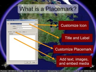 What is a Placemark? Title and Label Customize Icon Customize Placemark Add text, images, and embed media 