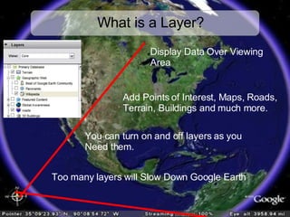 What is a Layer? Too many layers will Slow Down Google Earth Display Data Over Viewing Area You can turn on and off layers as you Need them. Add Points of Interest, Maps, Roads, Terrain, Buildings and much more. 