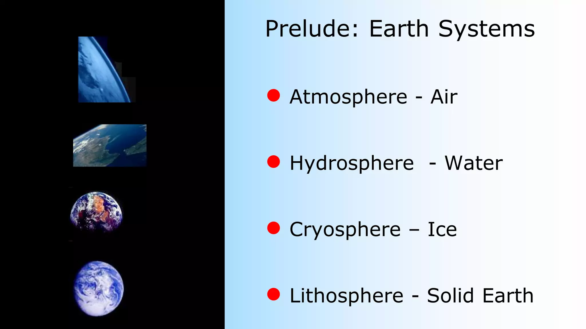 Prelude: Earth Systems
● Atmosphere - Air
● Hydrosphere - Water
● Cryosphere – Ice
● Lithosphere - Solid Earth
 