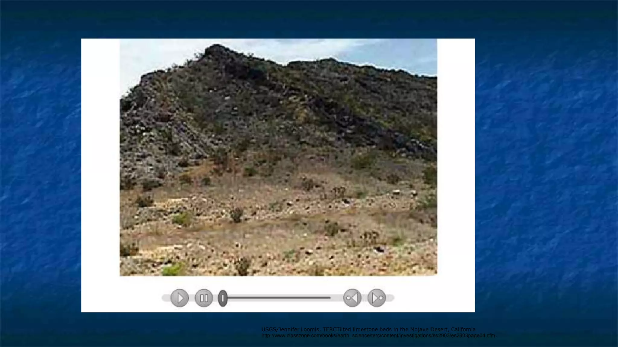 USGS/Jennifer Loomis, TERCTilted limestone beds in the Mojave Desert, California
http://www.classzone.com/books/earth_science/terc/content/investigations/es2903/es2903page04.cfm.
Watching Layers Tilt
 