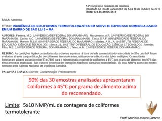 90% das 30 amostras analisadas apresentaram
Coliformes a 45°C por grama de alimento acima
do recomendado.
Limite: 5x10 NMP/mL de contagens de coliformes
termotolerante
Profª Mariela Moura Carreon
 
