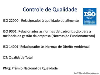 Controle de Qualidade
ISO 22000: Relacionados à qualidade do alimento
ISO 9001: Relacionados às normas de padronização para a
melhoria da gestão da empresa (Normas de Funcionamento)
ISO 14001: Relacionados às Normas de Direito Ambiental
QT: Qualidade Total
PNQ: Prêmio Nacional da Qualidade
Profª Mariela Moura Carreon
 