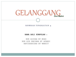 K O M S A S T I N G K A T A N 4
GELANGGANGOnn Malini
NAMA AHLI KUMPULAN :
NUR AISYAH BT MOHD
NUR AIN SAKINAH BT AFANDI
HAFIDZAHIDAH BT WANGIT
 