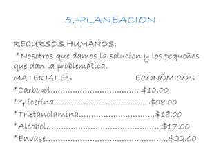 5.-PLANEACION 
RECURSOS HUMANOS: 
*Nosotros que damos la solucion y los pequeños 
que dan la problemática. 
MATERIALES ECONÓMICOS 
*Carbopol……………………………… $10.00 
*Glicerina……………………………….. $08.00 
*Trietanolamina………………………….$18.00 
*Alcohol………………………………………. $17.00 
*Envase…………………………………………..$22.00 
 