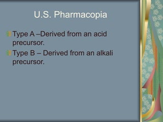 U.S. Pharmacopia
Type A –Derived from an acid
precursor.
Type B – Derived from an alkali
precursor.
 