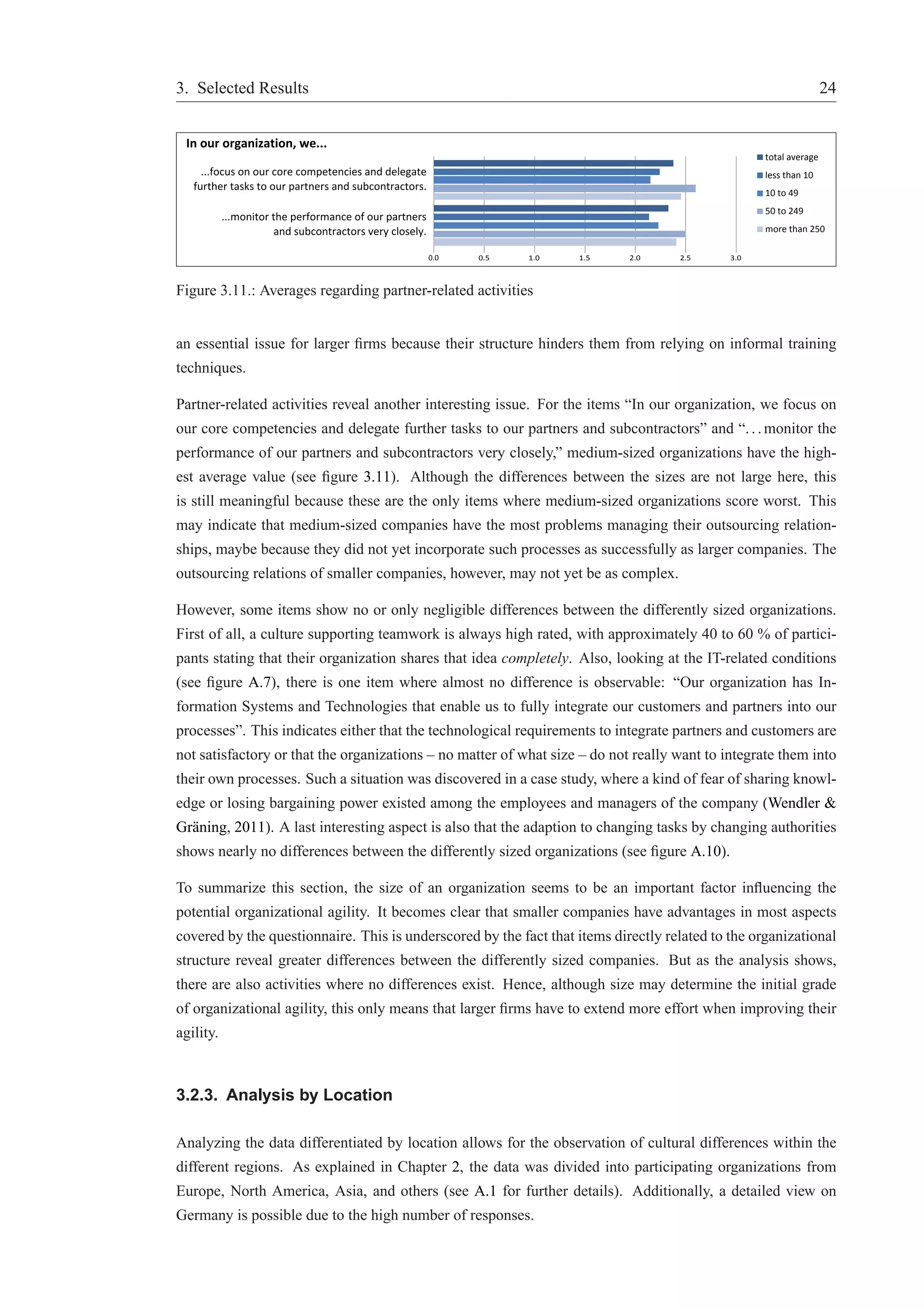 3. Selected Results 24 
In our organization, we... 
...focus on our core competencies and delegate 
further tasks to our partners and subcontractors. 
...monitor the performance of our partners 
and subcontractors very closely. 
total average 
less than 10 
10 to 49 
50 to 249 
more than 250 
0.0 0.5 1.0 1.5 2.0 2.5 3.0 
Figure 3.11.: Averages regarding partner-related activities 
an essential issue for larger firms because their structure hinders them from relying on informal training 
techniques. 
Partner-related activities reveal another interesting issue. For the items “In our organization, we focus on 
our core competencies and delegate further tasks to our partners and subcontractors” and “. . .monitor the 
performance of our partners and subcontractors very closely,” medium-sized organizations have the high-est 
average value (see figure 3.11). Although the differences between the sizes are not large here, this 
is still meaningful because these are the only items where medium-sized organizations score worst. This 
may indicate that medium-sized companies have the most problems managing their outsourcing relation-ships, 
maybe because they did not yet incorporate such processes as successfully as larger companies. The 
outsourcing relations of smaller companies, however, may not yet be as complex. 
However, some items show no or only negligible differences between the differently sized organizations. 
First of all, a culture supporting teamwork is always high rated, with approximately 40 to 60 % of partici-pants 
stating that their organization shares that idea completely. Also, looking at the IT-related conditions 
(see figure A.7), there is one item where almost no difference is observable: “Our organization has In-formation 
Systems and Technologies that enable us to fully integrate our customers and partners into our 
processes”. This indicates either that the technological requirements to integrate partners and customers are 
not satisfactory or that the organizations – no matter of what size – do not really want to integrate them into 
their own processes. Such a situation was discovered in a case study, where a kind of fear of sharing knowl-edge 
or losing bargaining power existed among the employees and managers of the company (Wendler & 
Gr¨aning, 2011). A last interesting aspect is also that the adaption to changing tasks by changing authorities 
shows nearly no differences between the differently sized organizations (see figure A.10). 
To summarize this section, the size of an organization seems to be an important factor influencing the 
potential organizational agility. It becomes clear that smaller companies have advantages in most aspects 
covered by the questionnaire. This is underscored by the fact that items directly related to the organizational 
structure reveal greater differences between the differently sized companies. But as the analysis shows, 
there are also activities where no differences exist. Hence, although size may determine the initial grade 
of organizational agility, this only means that larger firms have to extend more effort when improving their 
agility. 
3.2.3. Analysis by Location 
Analyzing the data differentiated by location allows for the observation of cultural differences within the 
different regions. As explained in Chapter 2, the data was divided into participating organizations from 
Europe, North America, Asia, and others (see A.1 for further details). Additionally, a detailed view on 
Germany is possible due to the high number of responses. 
 