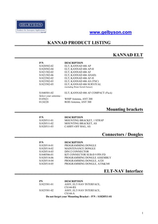 www.gelbyson.com
KANNAD PRODUCT LISTING
KANNAD ELT
P/N
S1820502-02
S1820502-04
S1821502-02
S1821502-06
S1822502-02
S1823502-03
S1823502-05

DESCRIPTION
ELT, KANNAD 406 AP
ELT, KANNAD 406 AP-H
ELT, KANNAD 406 AF
ELT, KANNAD 406 AF(6D)
ELT, KANNAD 406 AF-H
ELT, KANNAD 406 AS (TNC)
ELT, KANNAD 406 SURVIVAL
(including Water Switch Sensor)

S1840501-02
Select your antenna :
0145621
0124220

ELT, KANNAD 406 AF COMPACT (Pack)
WHIP Antenna, ANT 200
ROD Antenna, ANT 300

Mounting brackets
P/N
S1820511-01
S1820511-02
S1820511-03

DESCRIPTION
MOUNTING BRACKET, 1 STRAP
MOUNTING BRACKET, AS
CARRY-OFF BAG, AS

Connectors / Dongles
P/N
S1820514-01
S1820514-02
S1820514-03
S1840506-01
S1820514-06
S1820514-04
S1820514-05

DESCRIPTION
PROGRAMMING DONGLE
MAINTENANCE DONGLE
DIN12 CONNECTOR
KIT CONNECTOR SUB-D 9 PIN FD
PROGRAMMING DONGLE ASSEMBLY
PROGRAMMING DONGLE, A320
PROGRAMMING DONGLE, A330&340

ELT-NAV Interface
PN
S1825501-01

DESCRIPTION
ASSY, ELT-NAV INTERFACE,
CS144-RS
S1825501-02
ASSY, ELT-NAV INTERFACE,
CS144-A
Do not forget your Mounting Bracket – P/N : S1820511-01

I

 