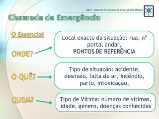 Local exacto da situação: rua, nº
porta, andar,
PONTOS DE REFERÊNCIA
Tipo de situação: acidente,
desmaio, falta de ar, incêndio,
parto, intoxicação,
Tipo de Vítima: número de vítimas,
idade, género, doenças conhecidas
SIEM – Sistema Integrado de Emergência Médica
 