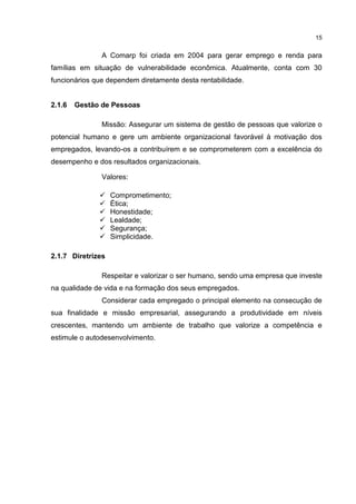 15
A Comarp foi criada em 2004 para gerar emprego e renda para
famílias em situação de vulnerabilidade econômica. Atualmente, conta com 30
funcionários que dependem diretamente desta rentabilidade.
2.1.6 Gestão de Pessoas
Missão: Assegurar um sistema de gestão de pessoas que valorize o
potencial humano e gere um ambiente organizacional favorável à motivação dos
empregados, levando-os a contribuírem e se comprometerem com a excelência do
desempenho e dos resultados organizacionais.
Valores:
 Comprometimento;
 Ética;
 Honestidade;
 Lealdade;
 Segurança;
 Simplicidade.
2.1.7 Diretrizes
Respeitar e valorizar o ser humano, sendo uma empresa que investe
na qualidade de vida e na formação dos seus empregados.
Considerar cada empregado o principal elemento na consecução de
sua finalidade e missão empresarial, assegurando a produtividade em níveis
crescentes, mantendo um ambiente de trabalho que valorize a competência e
estimule o autodesenvolvimento.
 