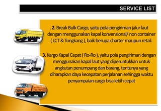 . 2. Break Bulk Cargo, yaitu pola pengiriman jalur laut
  dengan menggunakan kapal konvensional/ non container
   ( LCT & Tongkang ), baik berupa charter maupun retail.

3. Kargo Kapal Cepat ( Ro-Ro ), yaitu pola pengiriman dengan
      menggunakan kapal laut yang diperuntukkan untuk
       angkutan penumpang dan barang, tentunya yang
    diharapkan daya kecepatan perjalanan sehingga waktu
             penyampaian cargo bisa lebih cepat
 