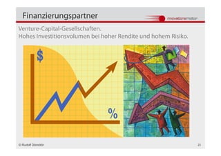 Finanzierungspartner
Venture-Capital-Gesellschaften.
Hohes Investitionsvolumen bei hoher Rendite und hohem Risiko.




© Rudolf Dömötör                                                25
 