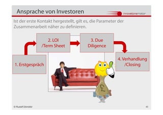 Ansprache von Investoren
Ist der erste Kontakt hergestellt, gilt es, die Parameter der
Zusammenarbeit näher zu definieren.

                      2. LOI              3. Due
                   /Term Sheet           Diligence

                                                         4. Verhandlung
1. Erstgespräch                                              /Closing




© Rudolf Dömötör                                                      43
 