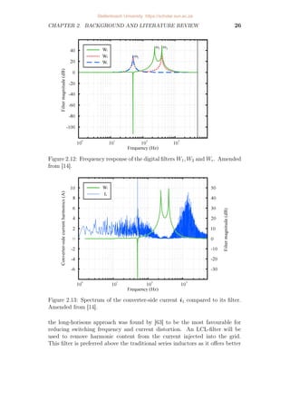 CHAPTER 2. BACKGROUND AND LITERATURE REVIEW 26
Figure 2.12: Frequency response of the digital filters W1, W2 and Wr. Amended
from [14].
Figure 2.13: Spectrum of the converter-side current i1 compared to its filter.
Amended from [14].
the long-horisons approach was found by [63] to be the most favourable for
reducing switching frequency and current distortion. An LCL-filter will be
used to remove harmonic content from the current injected into the grid.
This filter is preferred above the traditional series inductors as it offers better
Stellenbosch University https://scholar.sun.ac.za
 