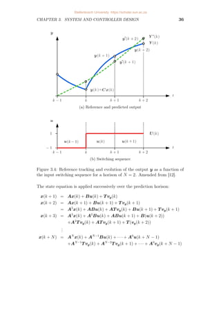 CHAPTER 3. SYSTEM AND CONTROLLER DESIGN 36
(a) Reference and predicted output
(b) Switching sequence
Figure 3.4: Reference tracking and evolution of the output y as a function of
the input switching sequence for a horison of N = 2. Amended from [12].
The state equation is applied successively over the prediction horison:
x(k + 1) = Ax(k) + Bu(k) + T vg(k)
x(k + 2) = Ax(k + 1) + Bu(k + 1) + T vg(k + 1)
= A2
x(k) + ABu(k) + AT vg(k) + Bu(k + 1) + T vg(k + 1)
x(k + 3) = A3
x(k) + A2
Bu(k) + ABu(k + 1) + B(u(k + 2))
+A2
T vg(k) + AT vg(k + 1) + T (vg(k + 2))
.
.
.
x(k + N) = AN
x(k) + AN−1
Bu(k) + · · · + A0
u(k + N − 1)
+AN−1
T vg(k) + AN−2
T vg(k + 1) + · · · + A0
vg(k + N − 1)
Stellenbosch University https://scholar.sun.ac.za
 