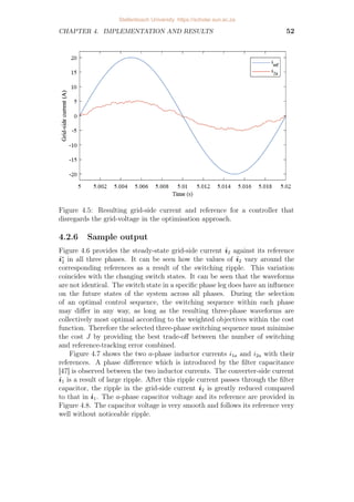 CHAPTER 4. IMPLEMENTATION AND RESULTS 52
Figure 4.5: Resulting grid-side current and reference for a controller that
disregards the grid-voltage in the optimisation approach.
4.2.6 Sample output
Figure 4.6 provides the steady-state grid-side current i2 against its reference
i∗
2 in all three phases. It can be seen how the values of i2 vary around the
corresponding references as a result of the switching ripple. This variation
coincides with the changing switch states. It can be seen that the waveforms
are not identical. The switch state in a specific phase leg does have an influence
on the future states of the system across all phases. During the selection
of an optimal control sequence, the switching sequence within each phase
may differ in any way, as long as the resulting three-phase waveforms are
collectively most optimal according to the weighted objectives within the cost
function. Therefore the selected three-phase switching sequence must minimise
the cost J by providing the best trade-off between the number of switching
and reference-tracking error combined.
Figure 4.7 shows the two a-phase inductor currents i1a and i2a with their
references. A phase difference which is introduced by the filter capacitance
[47] is observed between the two inductor currents. The converter-side current
i1 is a result of large ripple. After this ripple current passes through the filter
capacitor, the ripple in the grid-side current i2 is greatly reduced compared
to that in i1. The a-phase capacitor voltage and its reference are provided in
Figure 4.8. The capacitor voltage is very smooth and follows its reference very
well without noticeable ripple.
Stellenbosch University https://scholar.sun.ac.za
 