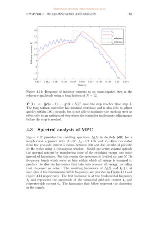CHAPTER 4. IMPLEMENTATION AND RESULTS 56
Figure 4.11: Response of inductor currents to an unanticipated step in the
reference amplitude using a long horison of N = 12.
Y ∗
(k) = [y∗
(k + 1) . . . y∗
(k + N)]T
once the step reaches time step k.
The long-horison controller has minimal overshoot and is also able to adjust
quickly within 0.001 seconds, but is not able to minimise the tracking error as
effectively as an anticipated step where the controller implements adjustments
before the step is reached.
4.3 Spectral analysis of MPC
Figure 4.12 provides the resulting spectrum I2(f) in decibels (dB) for a
long-horison approach with N=12, fsw=1.2 kHz and Ts=40µs calculated
from the grid-side current’s values between 250 and 350 simulated periodic
50 Hz cycles using a rectangular window. Model predictive control spreads
the spectral content by transferring some of the switching energy into noise
instead of harmonics. For this reason the spectrum is divided up into 50 Hz
frequency bands which serve as bins within which all energy is summed to
produce the discrete harmonics that take into account all energy, including
that dispersed as noise. The resulting harmonics of I2(f) and I1(f), at
multiples of the fundamental 50 Hz frequency, are provided in Figure 4.13 and
Figure 4.14 respectively. The first harmonic is at the fundamental frequency
f1 and represents the amplitude of the sinusoidal grid-side current i2 and
converter-side current i1. The harmonics that follow represent the distortion
in the signals.
Stellenbosch University https://scholar.sun.ac.za
 
