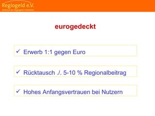                                                                                                                                                                                     
                                                            
                                                            
                                                                                                                                                                                                                                                
                                                            
eurogedeckt
 Rücktausch ./. 5-10 % Regionalbeitrag
 Hohes Anfangsvertrauen bei Nutzern
 Erwerb 1:1 gegen Euro
 