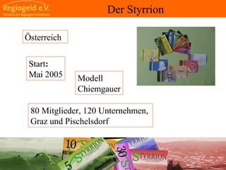                                                                                                                                                                                     
                                                            
                                                            
                                                                                                                                                                                                                                                
                                                            
Österreich
Start:
Mai 2005 Modell
Chiemgauer
80 Mitglieder, 120 Unternehmen,
Graz und Pischelsdorf
Der Styrrion
 