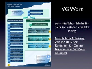 VG Wort

sehr nützlicher Schritt-für-
Schritt-Leitfaden von Elke
          Fleing:

Ausführliche Anleitung:
Wie ihr als Autor
Tantiemen für Online-
Texte von der VG Wort
bekommt
 