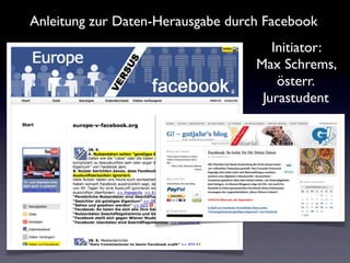 Anleitung zur Daten-Herausgabe durch Facebook
                                      Initiator:
                                   Max Schrems,
                                       österr.
                                    Jurastudent
 